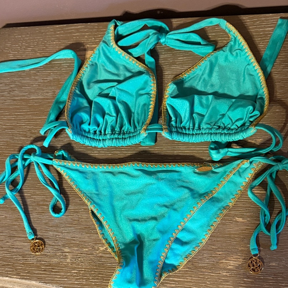 Luli Fama Turquoise Bikini with Gold Trim